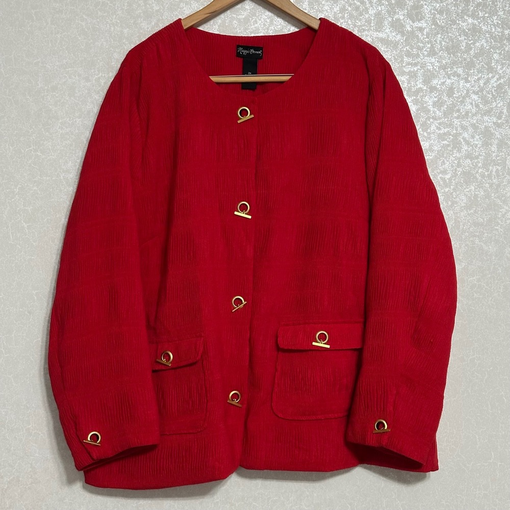 Maggie Barnes Textured Plisse Collarless Jacket Gold Toggle Red Plus 2X 22/24W